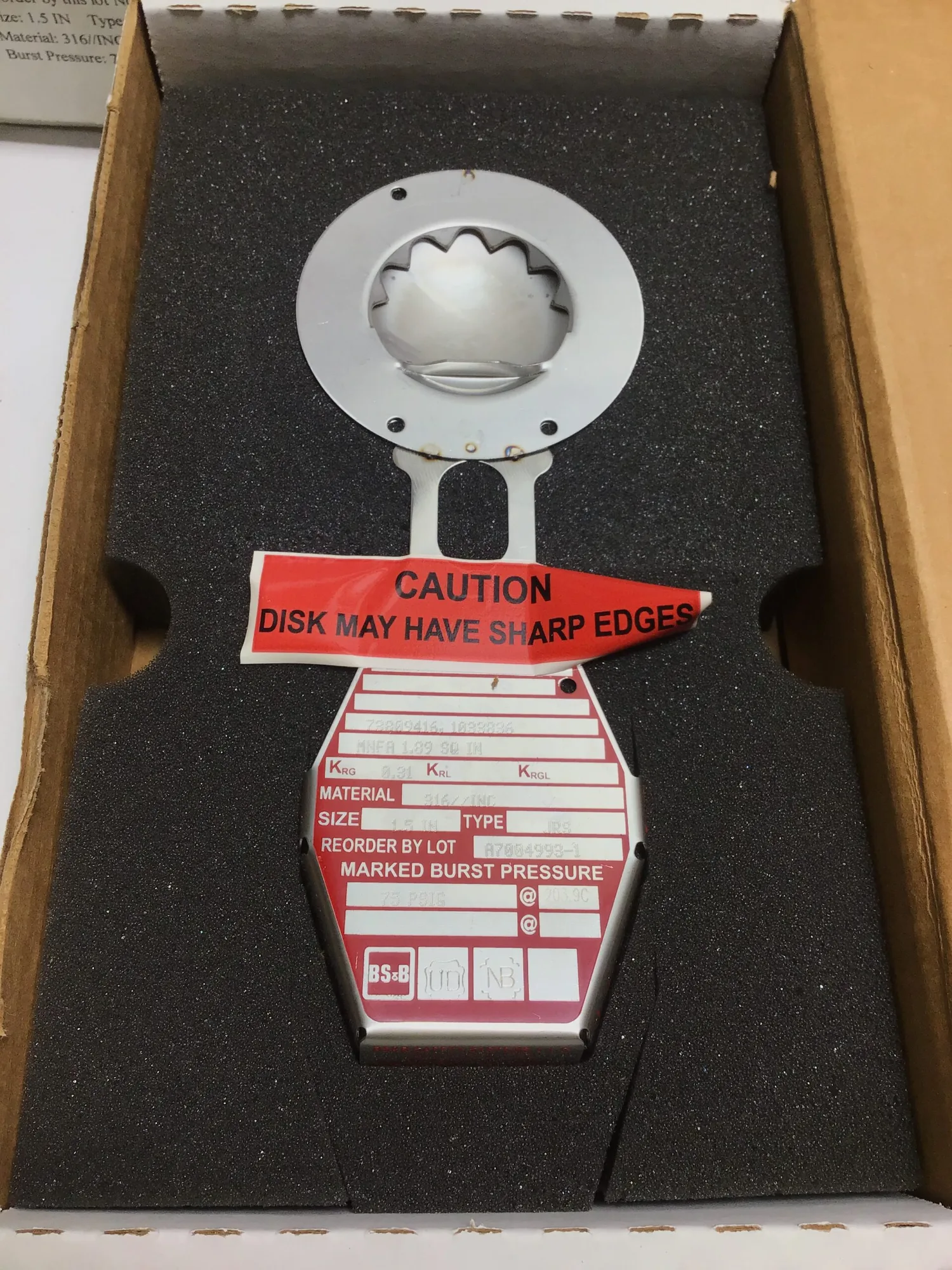 BS&B Safety Systems A7004993-1 Size 1.5″In Rupture Disc Burst Pressure 75 PSIG