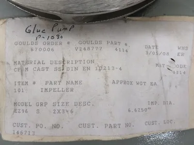 Goulds EZ96 size 2x3-6 Impeller, Group "S",  size 6,6250", New