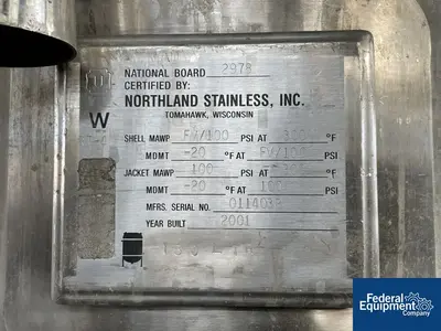 USED Northland 40 Gal Northland Stainless Reactor Body, 316 S/S, 100/100#