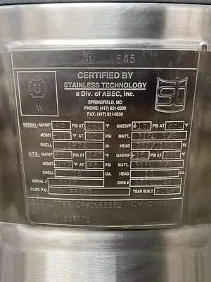 USED ABEC STAINLESS TECHNOLOGY CV-24300-1 300 LITER JACKETED CRYO VESSEL -112° F TO 280° F