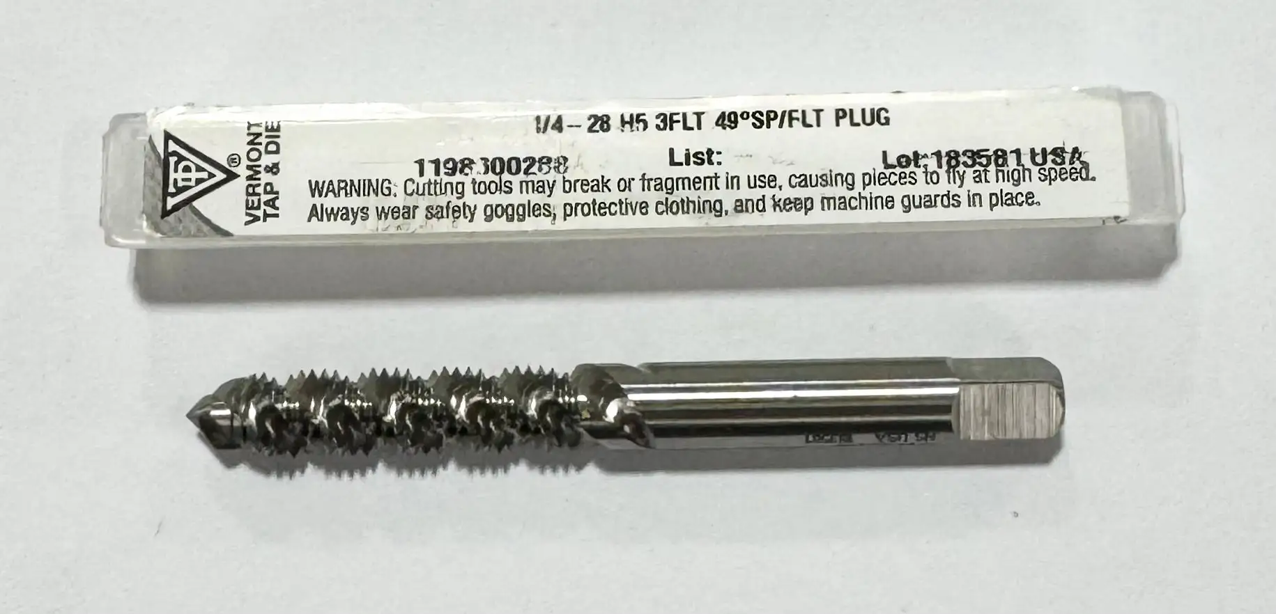 Vermont 1/4"-28 HSS Spiral Flute Plug Tap H5 3 Flute 49° Helix USA Made