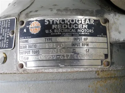 1/4 HP US Motors Enclosed High Eff. Motor A671 w/Syncrogear Reducer 1750RPM Used
