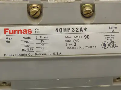 Furnas 40HP32A* Contactor Motor Starter 50Hp 600VAC 3Ph 120V Coil Ser A Size 3