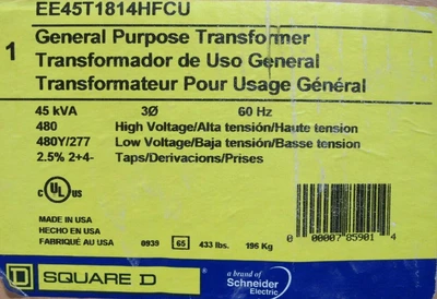 NEW SQUARE D EE45T1814HFCU TRANSFORMER H-480 L-277V 45KVA