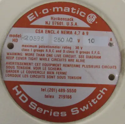 NEW EL-O-MATIC H20596 SWITCH HD SERIES 250VAC 10A
