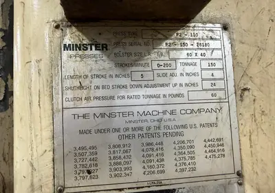 Used MINSTER P2-150 High Speed Production Presses Ohio US | D & D Industries #1411838