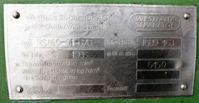 Westfalia RSA 60-01-576 ATEX vegetable oil separator, 316SS.