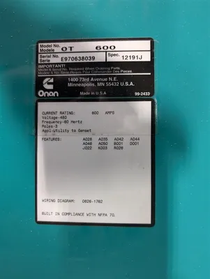 600A Cummins / Onan OT600 Transfer Switch 480V 60Hz 3 Poles 0306-3490-07 New