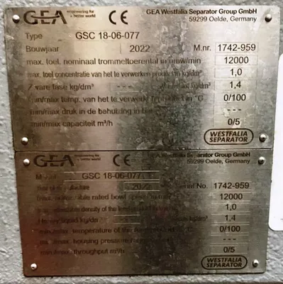 Westfalia GSC 18-06-077 Hydrostop clarifier skid, 316SS.