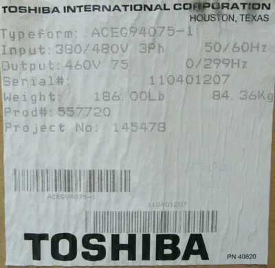 NEW TOSHIBA 75HP TRANSISTOR INVERTER ACE G9 380/480V ACEG94075-1