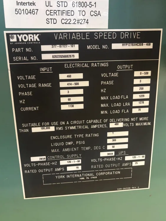 Used 2024 YORK HYP1278XHC30B-46B Variable Speed Drives Ohio US | Systecon #507469