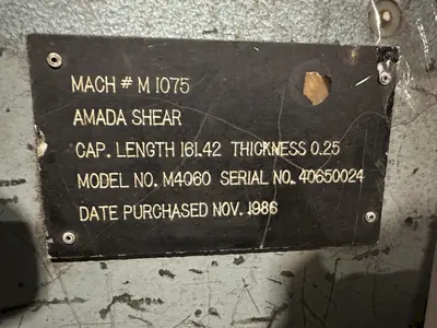 13' x 1/4" AMADA MODEL #M-4065 MECHANICAL POWER SQUARING SHEAR, FRONT GUAGING, CONVEYOR & STACKER: STOCK #19272