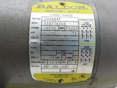 Baldor CM3554T 1/2Hp Gear Motor 208-230/460V 3Ph 10:1 Ratio 7/8" Shaft 174RPM