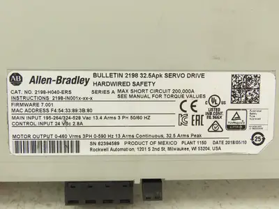 Allen Bradley 2198-H040-ERS Kinetix 5500 Servo Drive 4.0/8.3kW F/W 7.013