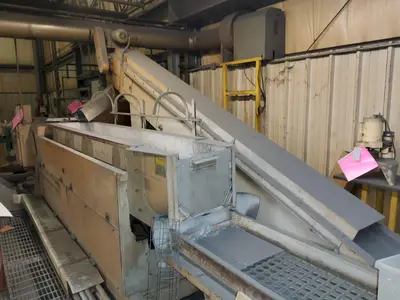 17 CUBIC FT ALMCO MODEL #V-16TF TUB TYPE VIBRATORY FINISHER W/ CONVEYOR LOAD & SHAKER TABLE: YOBRO #25321