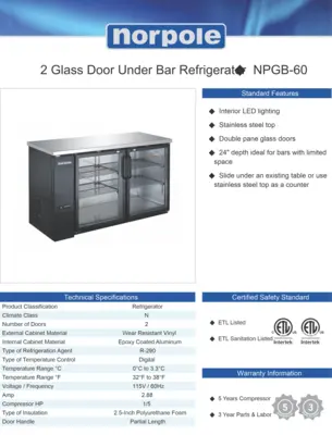 New | in-Stock MCA New Norpole NPGB-60 2 Glass Door Under Bar Refrigerator Back Bar Cooler Merchandiser Bottle Coolers Illinois US | Falcon Restaurant Supply #1376738