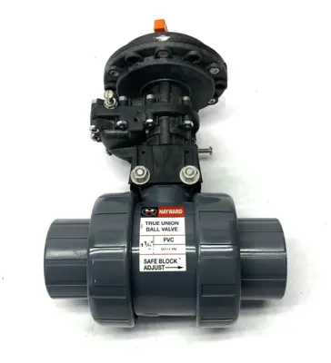 USED HAYWARD 1-1/2" TRUE UNION BALL VALVE PVC, VITON W/ SR3 SPRING RETURN ACTU