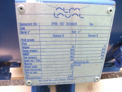 7.43 Sq. M S/S Alfa Laval Spiral Heat Exchanger Type 1H-L-1T