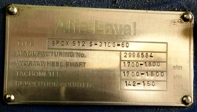 Alfa-Laval SPQX 512S-31CG-60 nozzle centrifuge, 316SS.