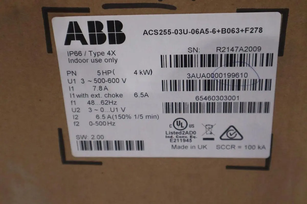 ABB ACS255-03U-06A5-6+B063+F278 3~500-600V IN 5HP 6.5A TYPE 4X - STOCK GF238