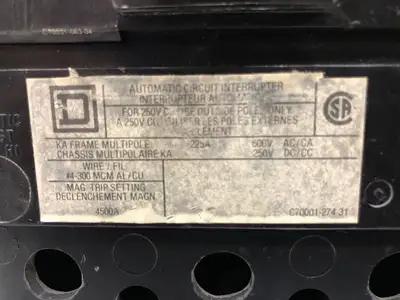 225 Amp, 3 Pole, 600 Volts Circuit Breaker