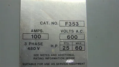 Gould / ITE F353 Vacu-Break Heavy Duty Fusible Safety Switch 100A 600VAC Used