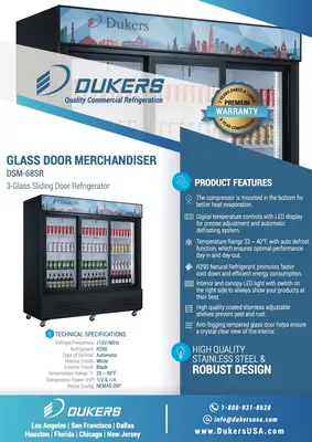 New | in-Stock Dukers New Dukers DSM-68SR Commercial Glass Sliding 3-Door Merchandising Reach-in Cooler Refrigerator Display Refrigerators Illinois US | Falcon Restaurant Supply #1376366