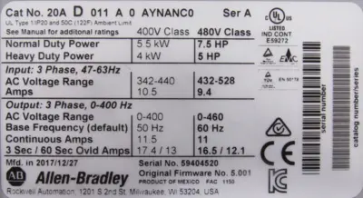 ALLEN BRADLEY 20AD011A0AYNANC0 POWERFLEX 70 SER.A 7.5HP NEW SURPLUS