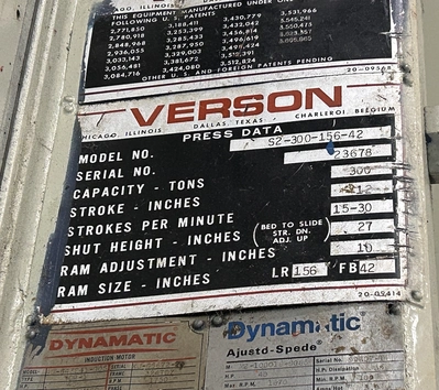Used 1973 VERSON VERSON S2-300-156-42T PRESS Straight Side Presses | Alma Machinery #898796