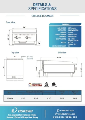 New | in-Stock Dukers New Dukers DCGMA24 24 in. W Flat Top Griddle with 2 Burners Commercial Flat Top Griddles Illinois US | Falcon Restaurant Supply #1376275