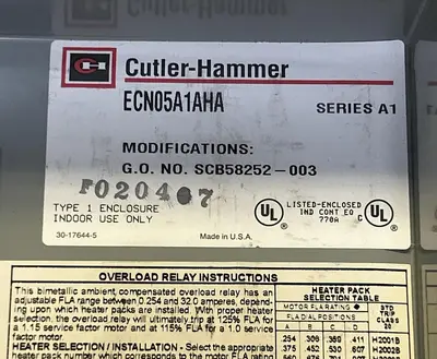 Used CUTLER-HAMMER ECN05A1AHA Miscellaneous Equipment (Electrical & Power) Ohio US | Surplus Asset Holdings #1237562