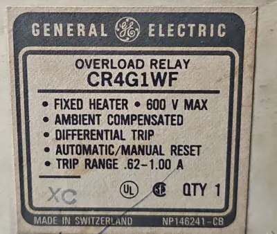 GE CR4G1WF Overload Relay 600V. Loc4A7