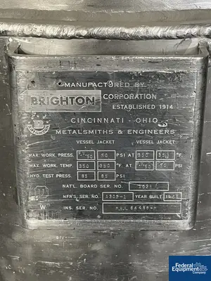 USED Brighton 100 Gal Brighton Jacketed Receiver, 316L S/S, 50/50#