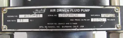 USED HASKEL AWD-11 AIR DRIVEN FLUID PUMP 11:1 AWD11