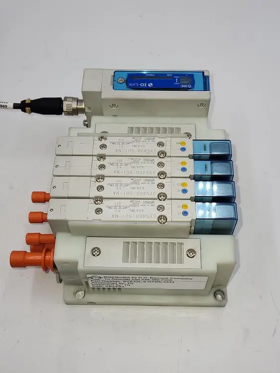 Used SMC SMC SY5-IOL-0-N74RI W/ 4 SOLENOIDS SY5400 / ONE: EX260-SIL1 SERIAL TRANSMISSION SYSTEM Parts (Hydraulics and Pneumatics) | ND Industrial Surplus #1211510