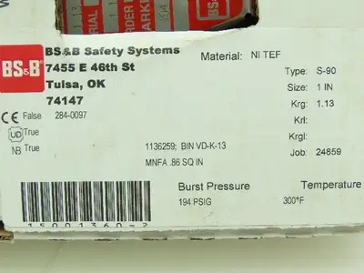 BS&B Safety Systems Rupture Disk 1" Type S-90 194 PSIG @ 300°F