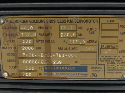 Kollmorgen B-804-BA-91-TE1-008 Goldline B Brushless Servo Motor 230V 2000 RPM