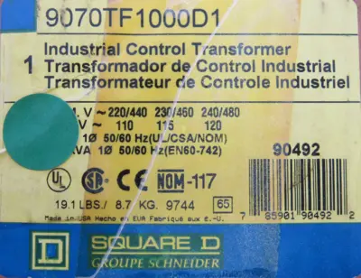 NEW SQUARE D 9070TF1000D1 TRANSFORMER 90492