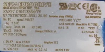 NEW SEW EURODRIVE FAF97 DRN132S4/TF GEARMOTOR 65.47:1 7.5HP FAF97DRN132S4TF