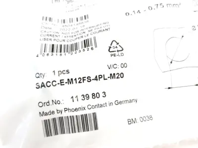 1139803,SACC-E-M12FS-4PL-M20 | Phoenix Contact SACC-E-M12FS-4PL-M20 Panel Connector M12 4-Pin Female 1139803 - New