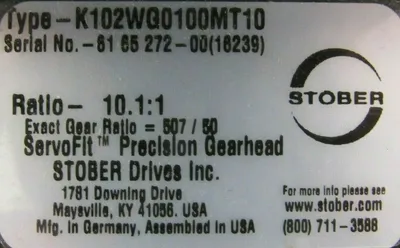 NEW STOBER K102WG0100MT10 GEARHEAD 10.1:1