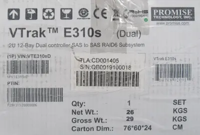 NEW PROMISE VTRAK E310S 2U 12-BAY DUAL CONTROLLER SAS TO SAS RAID6 SUBSYSTEM