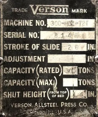 Used VERSON VERSON 300-HDI-72T PRESS Hydraulic Presses Michigan US | Alma Machinery #899823