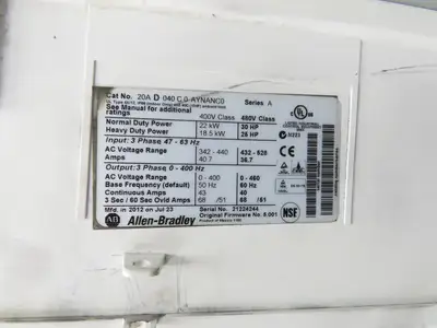 Allen Bradley 20AD040C0AYNANC0 PowerFlex 70 AC Drive 30Hp 480VAC 3Ph 40A Ser A