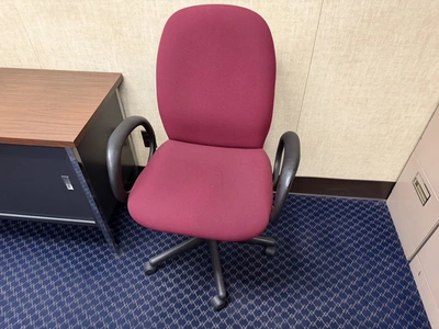 Contents of office furniture, includes (1) steel frame, wood desk, 76" x 38", (2) rolling office cha...