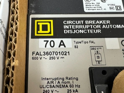NEW SQUARE D FAL360701021 CIRCUIT BREAKER 70A 3P 600V 50/60HZ