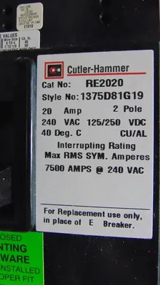 Cutler Hammer RE2020 Replacement Circuit Breaker 20 Amps 240VAC 2 Pole New NIB