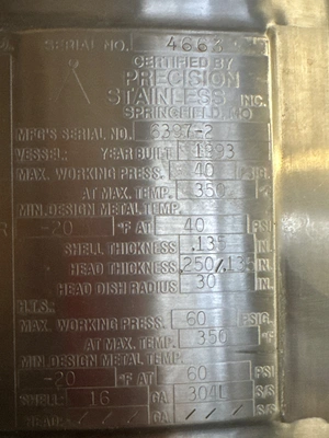 USED 1993 Precision Stainless 500 Liter