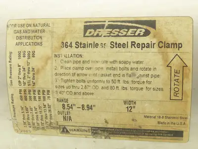 Dresser 364 Stainless Steel Pipe Repair Clamp 8.54"-8.94" 4-Bolt 12" Wide