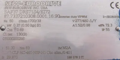 NEW SEW EURODRIVE SAF37 DRS71S4/EI72 GEARMOTOR 51.30 277V/480V SAF37DRS71S4EI72